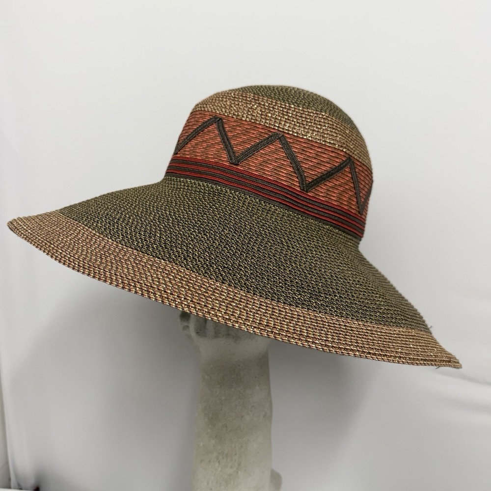 Vintage Eric Javits Straw Hat Southwestern Design Style Wide Brim - Picture 5 of 8